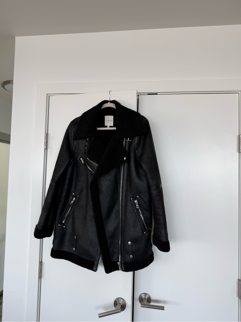 Avec Les Filles Black Shearling-Lined Moto Jacket